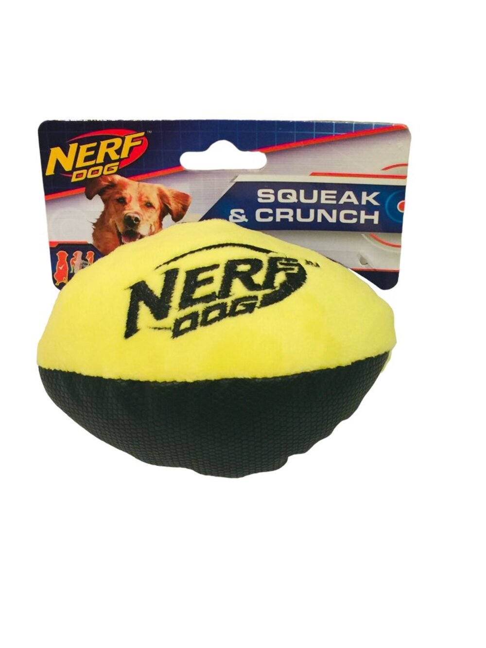 NERF DOG 5" Yellow Plush Black Textured Material Squeak Crunch Football Dog Toy